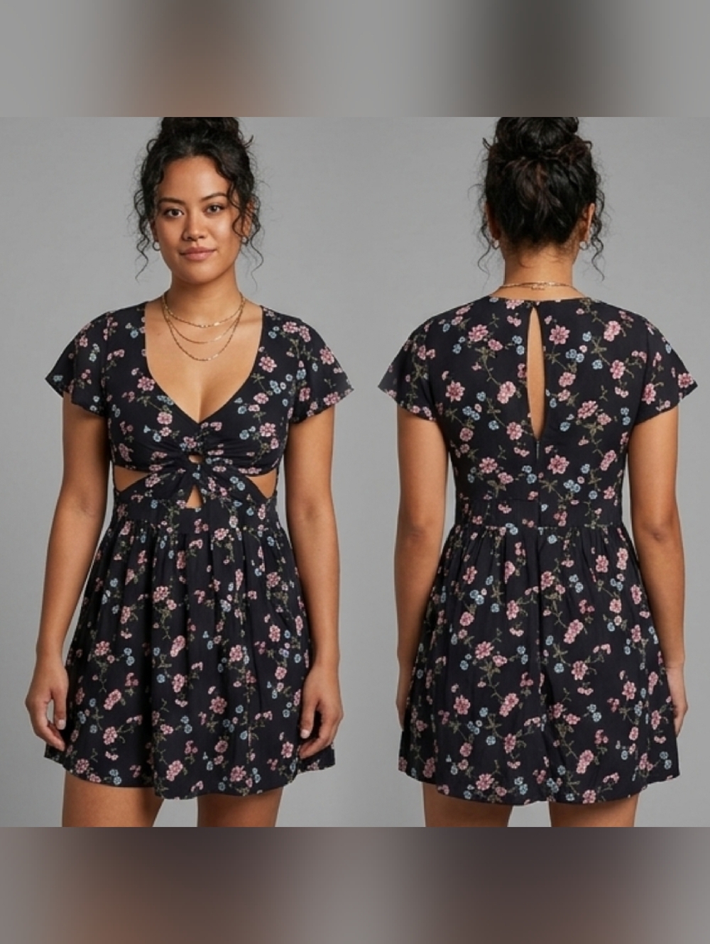 American Eagle Floral Keyhole Cut-Out Mini Dress - Size Small